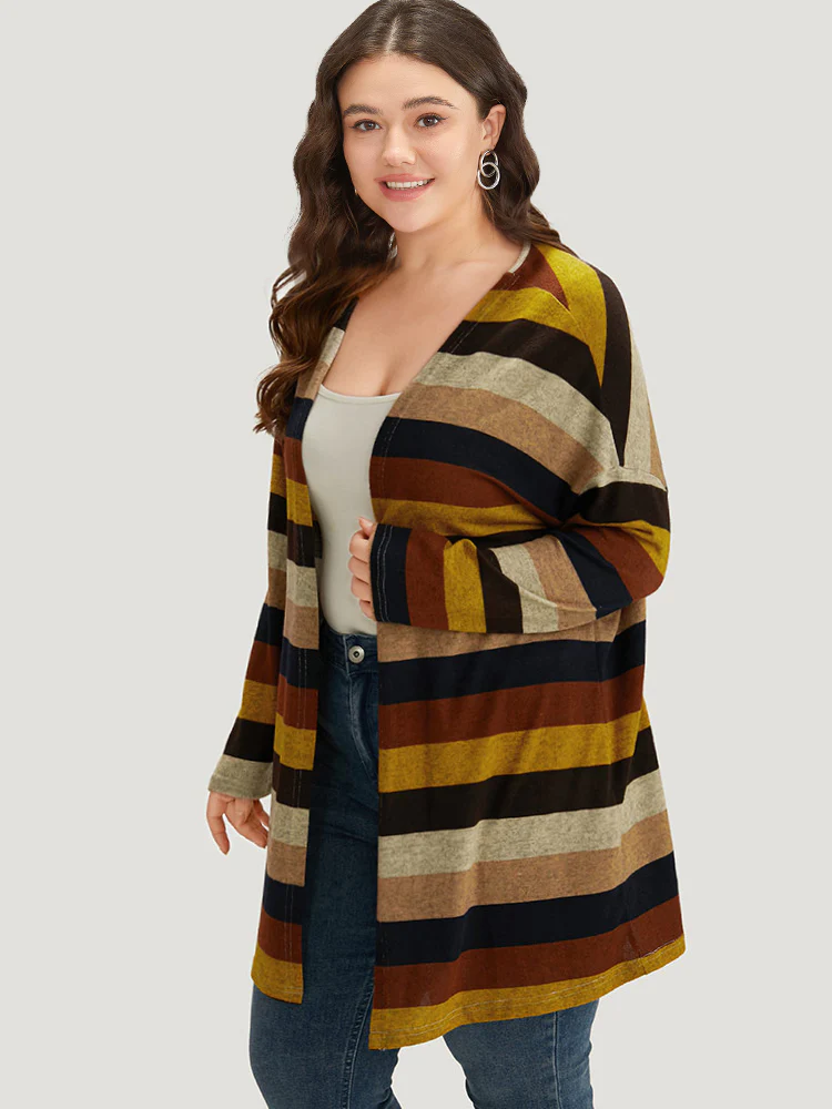Striped Contrast Open Front Kimono - Image 3