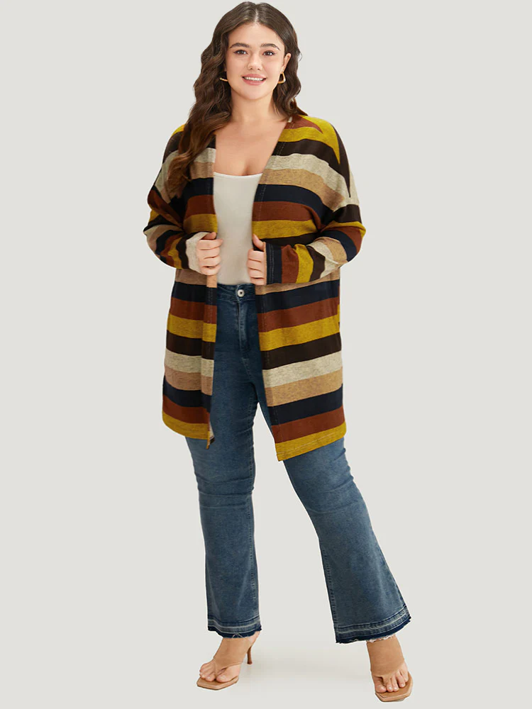 Striped Contrast Open Front Kimono - Image 4