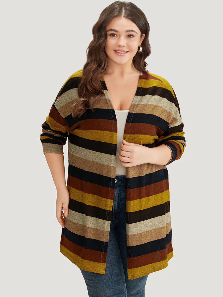 Striped Contrast Open Front Kimono - Image 6