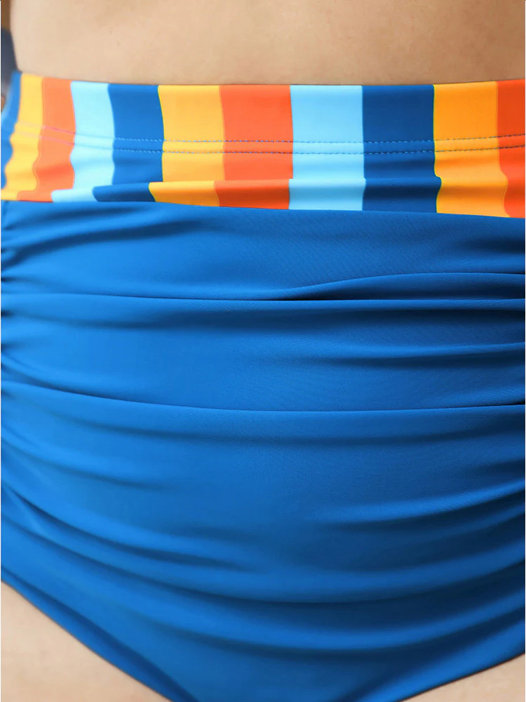Striped Contrast Patchwork Ruched Front Bikini Bottom - Image 7