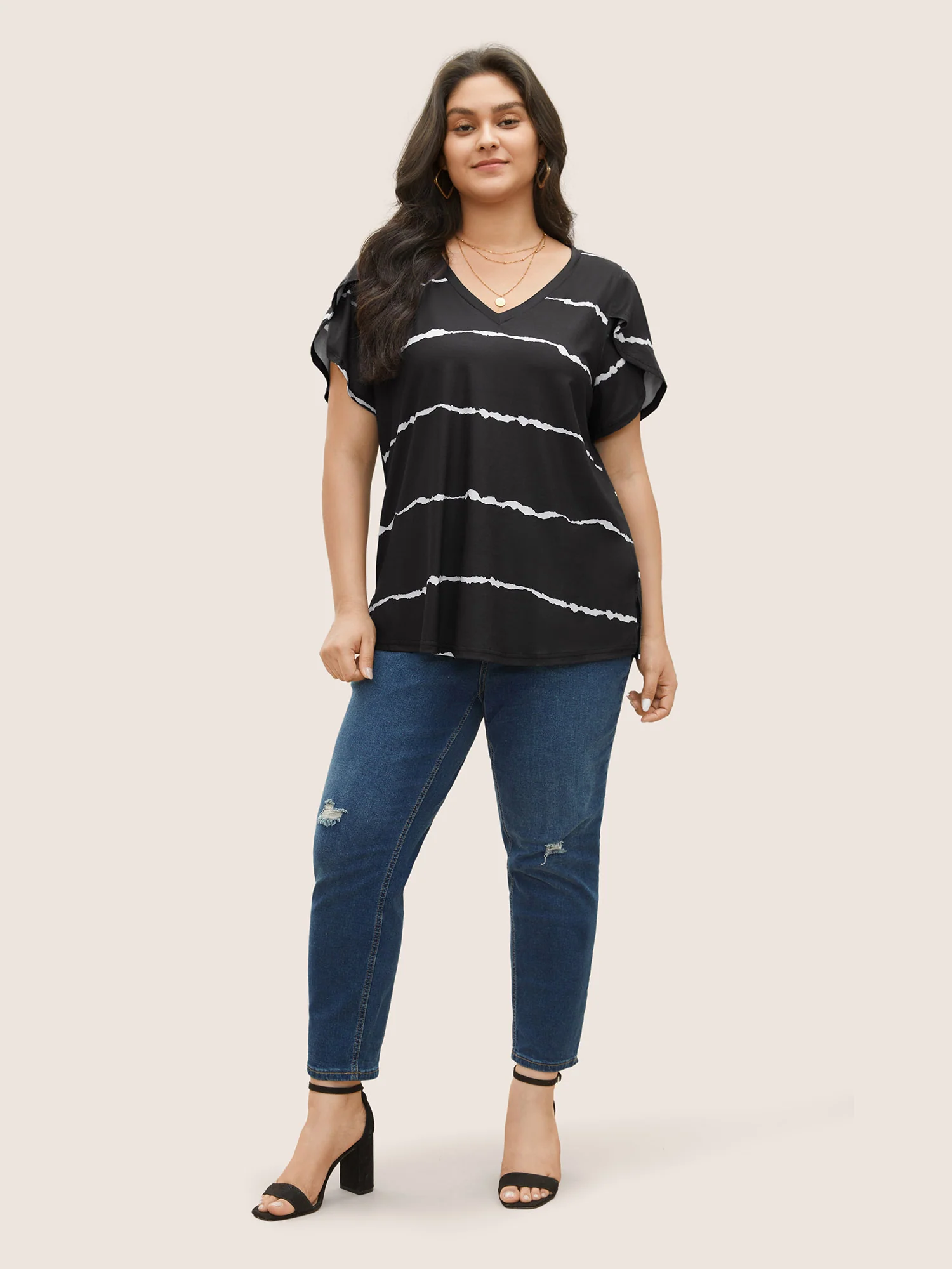 Striped Contrast Petal Sleeve T-shirt - Image 3