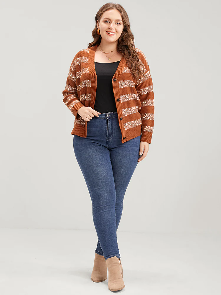 Striped Contrast Ping Pong Yarn Heather Button Front Cardigan - Image 2