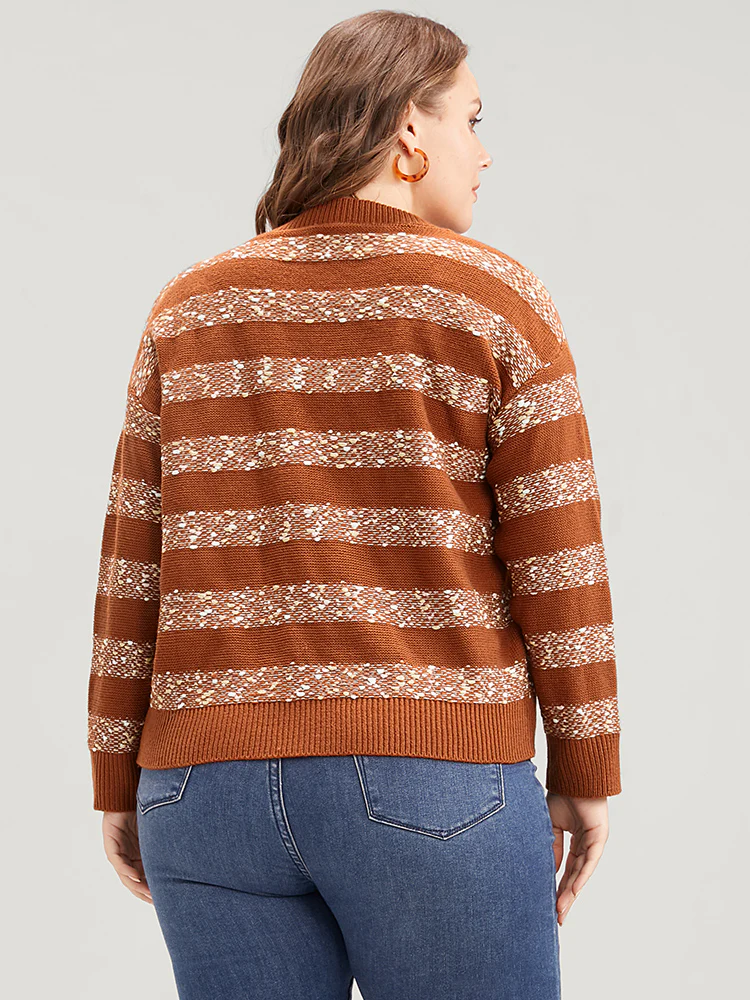 Striped Contrast Ping Pong Yarn Heather Button Front Cardigan - Image 3