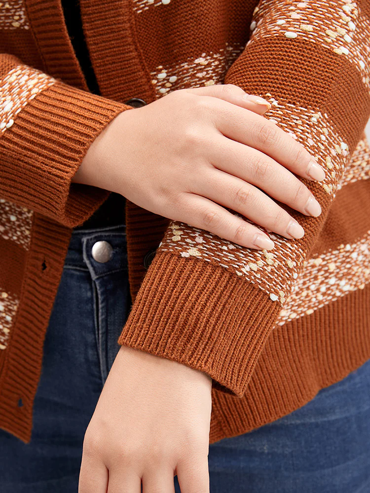Striped Contrast Ping Pong Yarn Heather Button Front Cardigan - Image 5