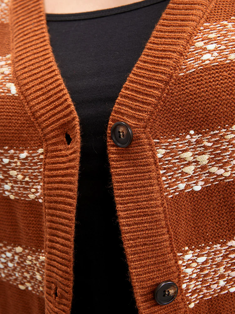 Striped Contrast Ping Pong Yarn Heather Button Front Cardigan - Image 6