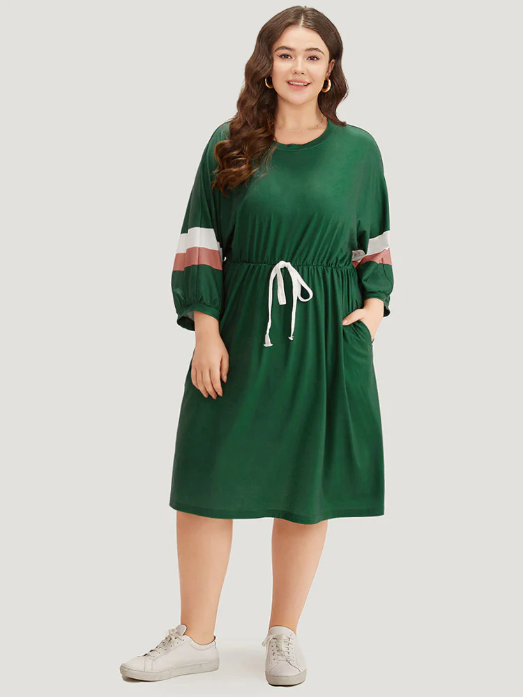 Striped Contrast Pocket Bowknot Patchwork Dress - Image 3