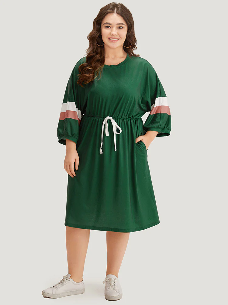 Striped Contrast Pocket Bowknot Patchwork Dress - Image 4
