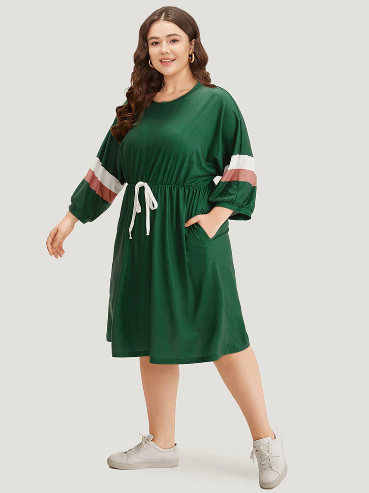 Striped Contrast Pocket Bowknot Patchwork Dress - Image 5