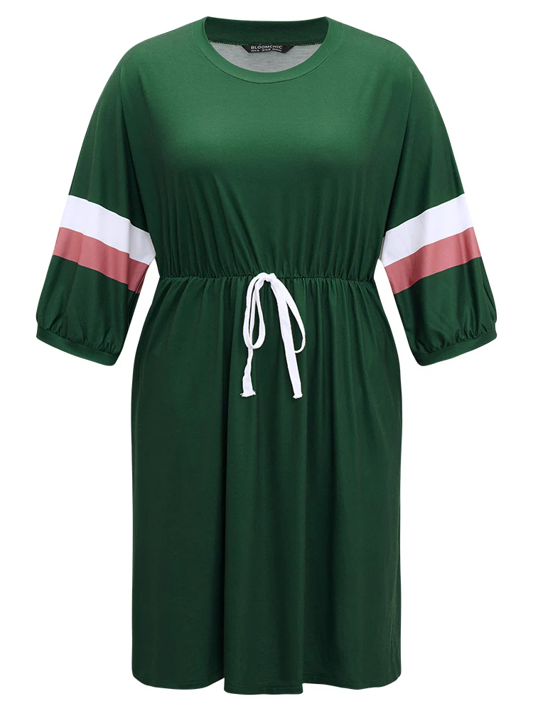 Striped Contrast Pocket Bowknot Patchwork Dress - Image 9