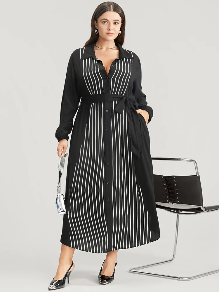 Striped Contrast Pocket Button Detail Belted Dress - Image 2