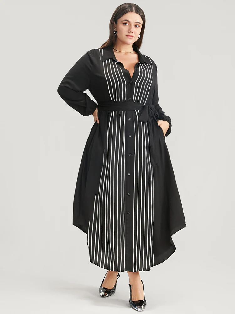 Striped Contrast Pocket Button Detail Belted Dress - Image 3