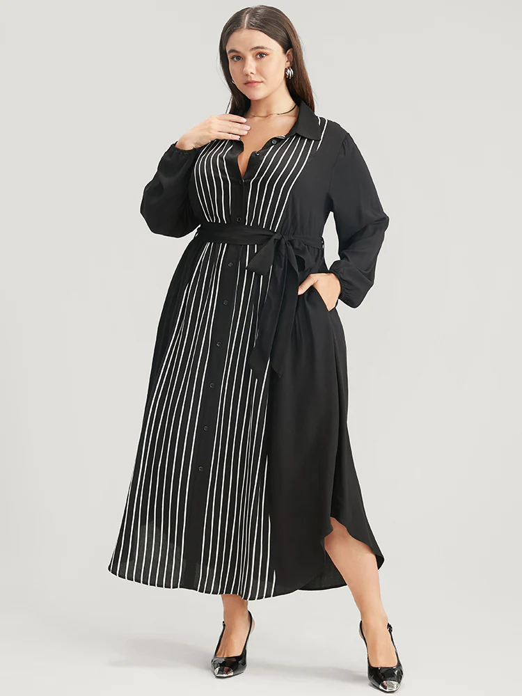 Striped Contrast Pocket Button Detail Belted Dress - Image 4