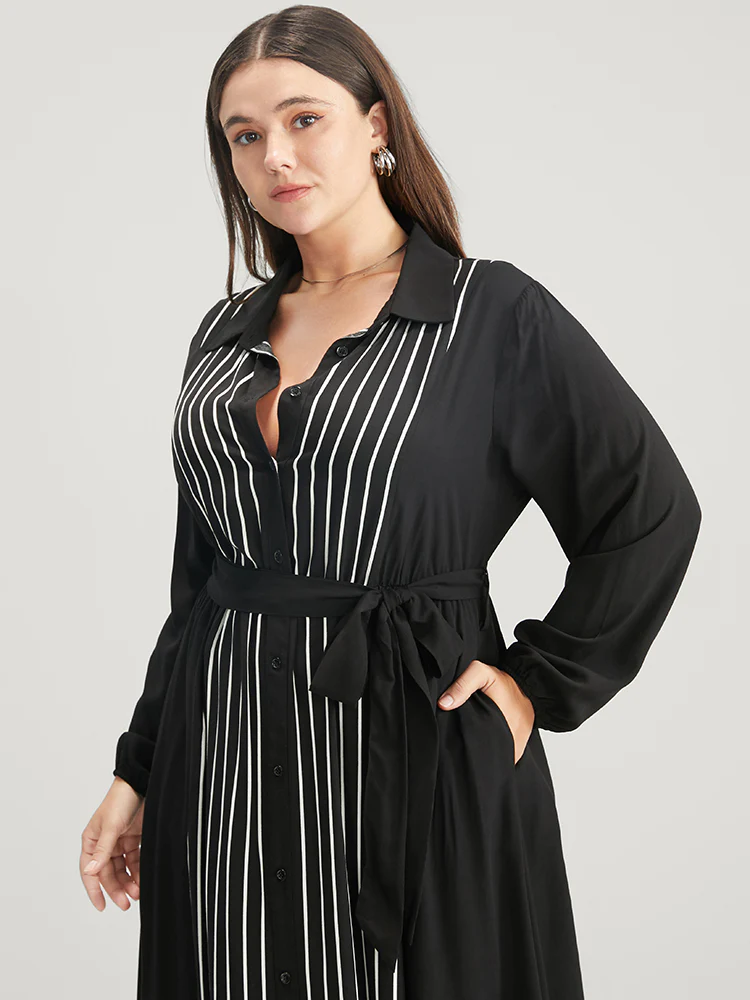 Striped Contrast Pocket Button Detail Belted Dress - Image 6