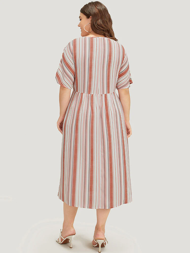 Striped Contrast Pocket Lace Batwing Sleeve Midi Dress - Image 5