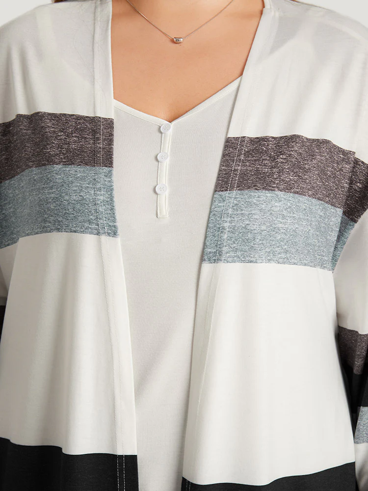 Striped Contrast Pocket Open Front Kimono - Image 10