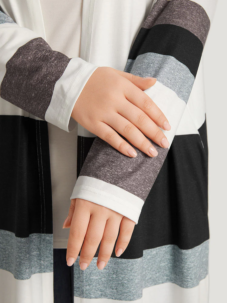 Striped Contrast Pocket Open Front Kimono - Image 11