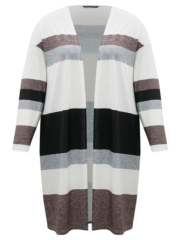 Striped Contrast Pocket Open Front Kimono - Image 13