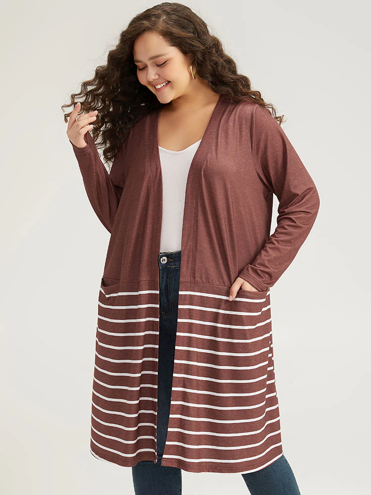 Striped Contrast Pocket Open Front Kimono - Image 2