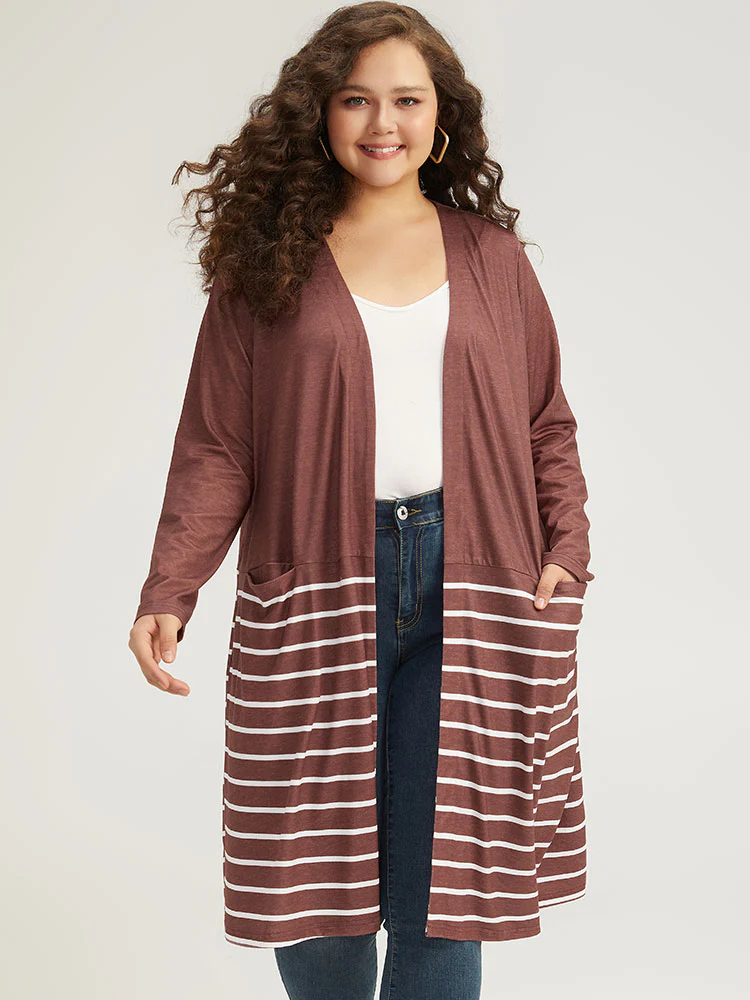 Striped Contrast Pocket Open Front Kimono - Image 3