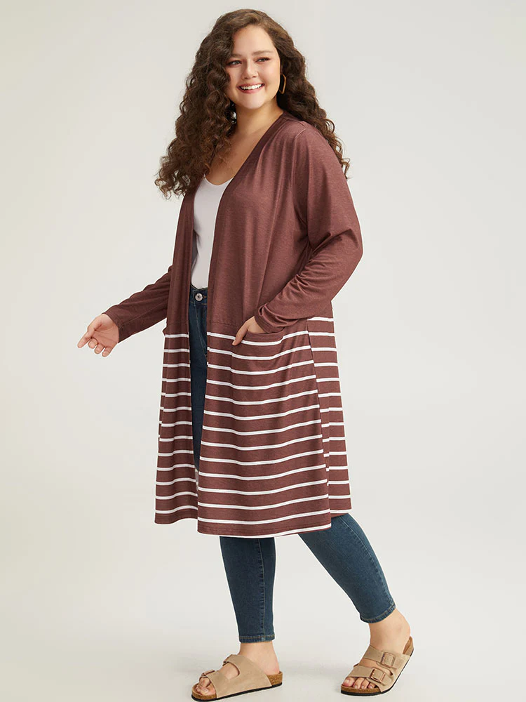Striped Contrast Pocket Open Front Kimono - Image 4