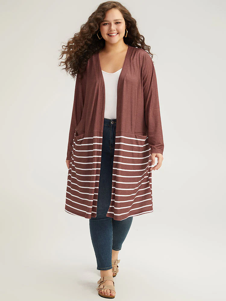 Striped Contrast Pocket Open Front Kimono - Image 5