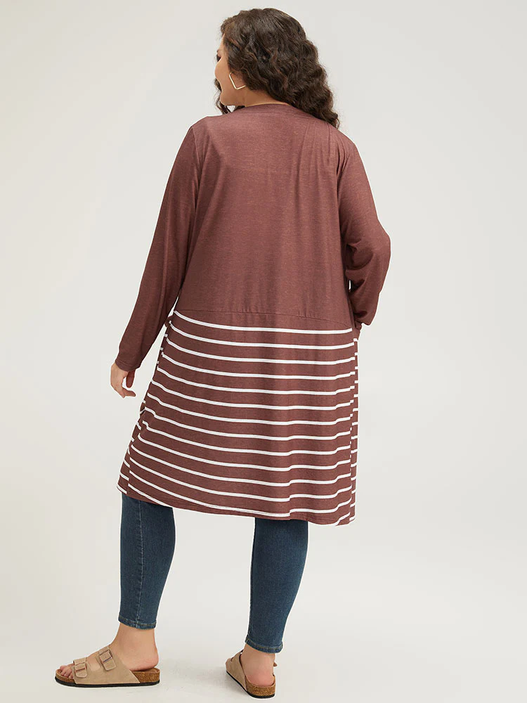 Striped Contrast Pocket Open Front Kimono - Image 6