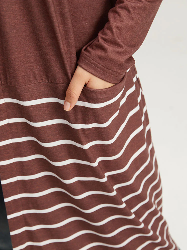 Striped Contrast Pocket Open Front Kimono - Image 8