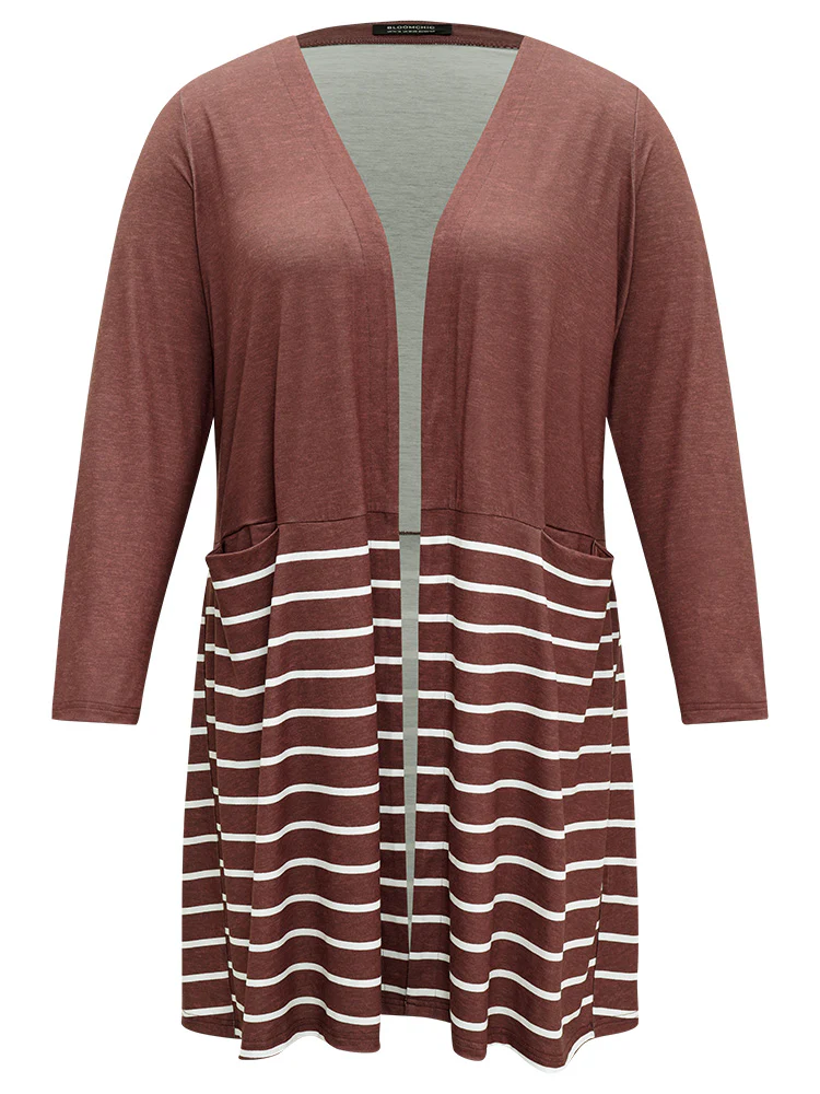 Striped Contrast Pocket Open Front Kimono - Image 9