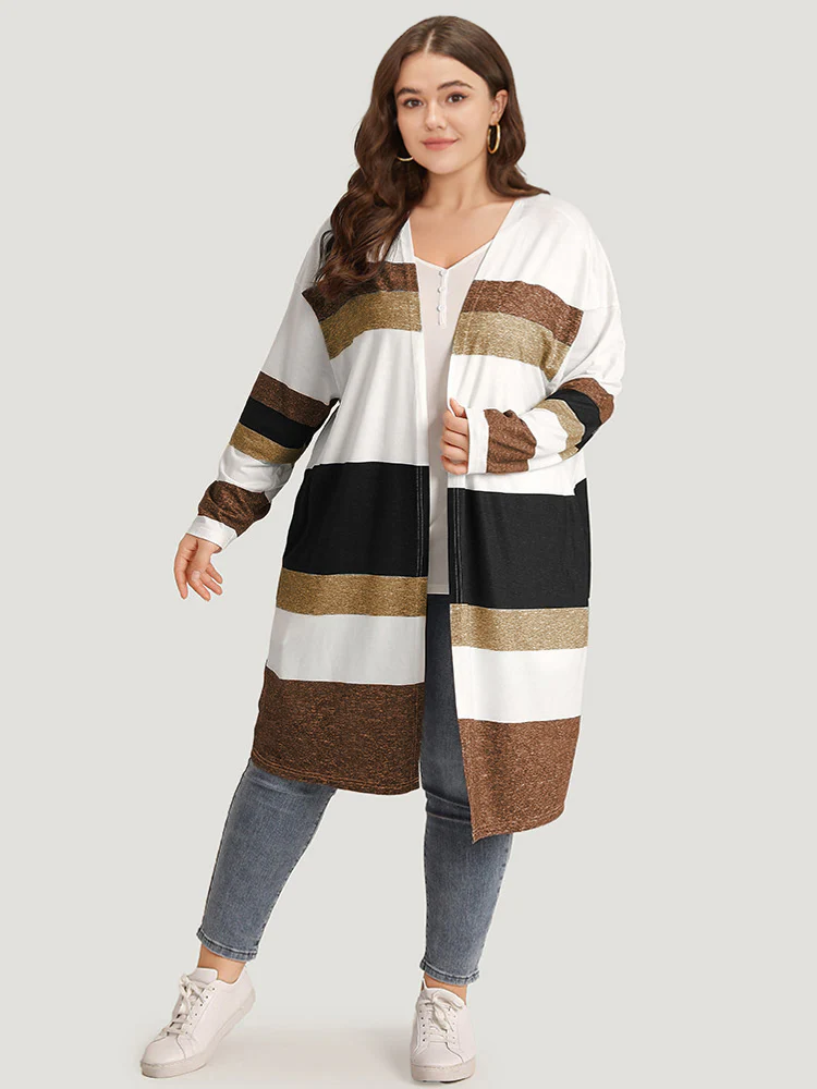 Striped Contrast Pocket Open Front Kimono - Image 2