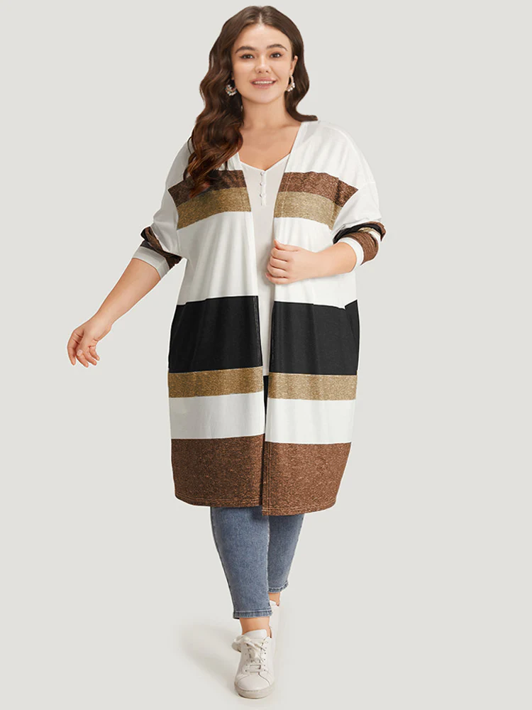 Striped Contrast Pocket Open Front Kimono - Image 3
