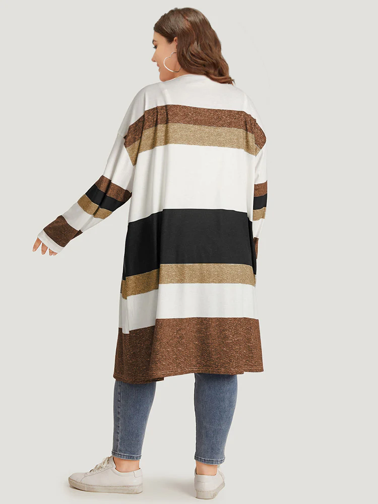 Striped Contrast Pocket Open Front Kimono - Image 4