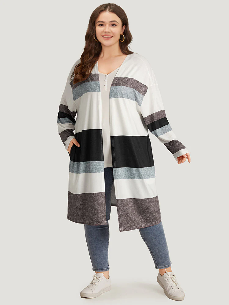 Striped Contrast Pocket Open Front Kimono - Image 5