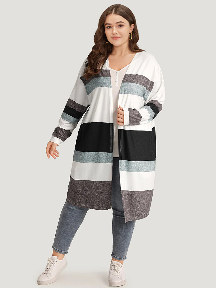 Striped Contrast Pocket Open Front Kimono - Image 6