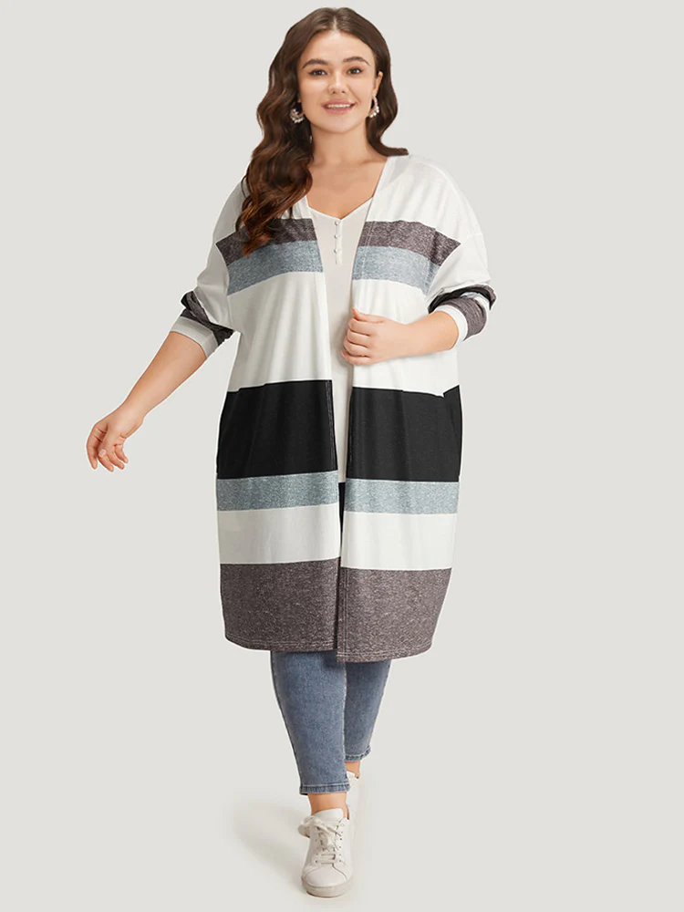 Striped Contrast Pocket Open Front Kimono - Image 7