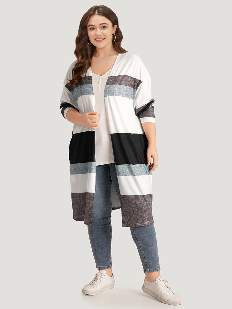 Striped Contrast Pocket Open Front Kimono - Image 8