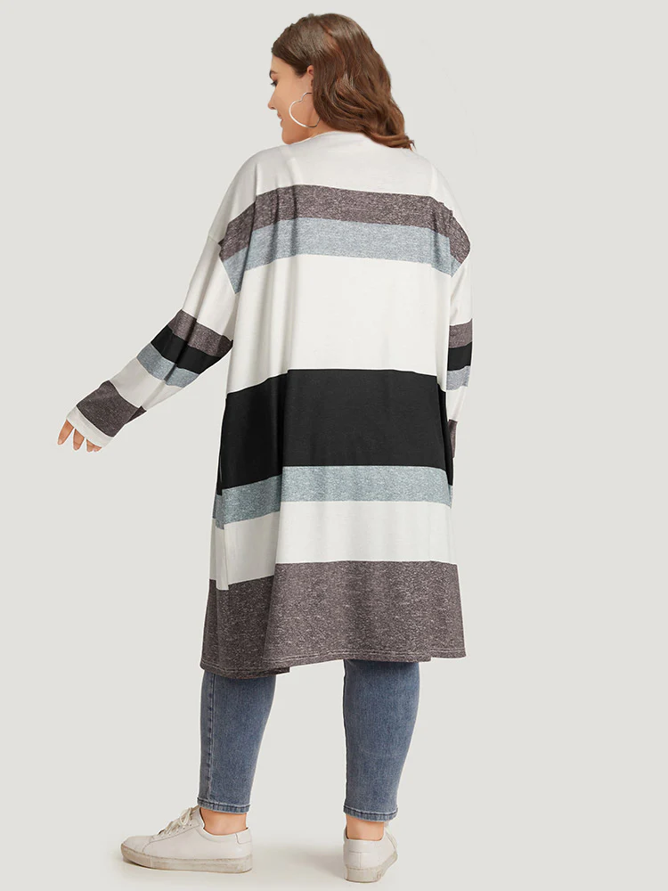Striped Contrast Pocket Open Front Kimono - Image 9
