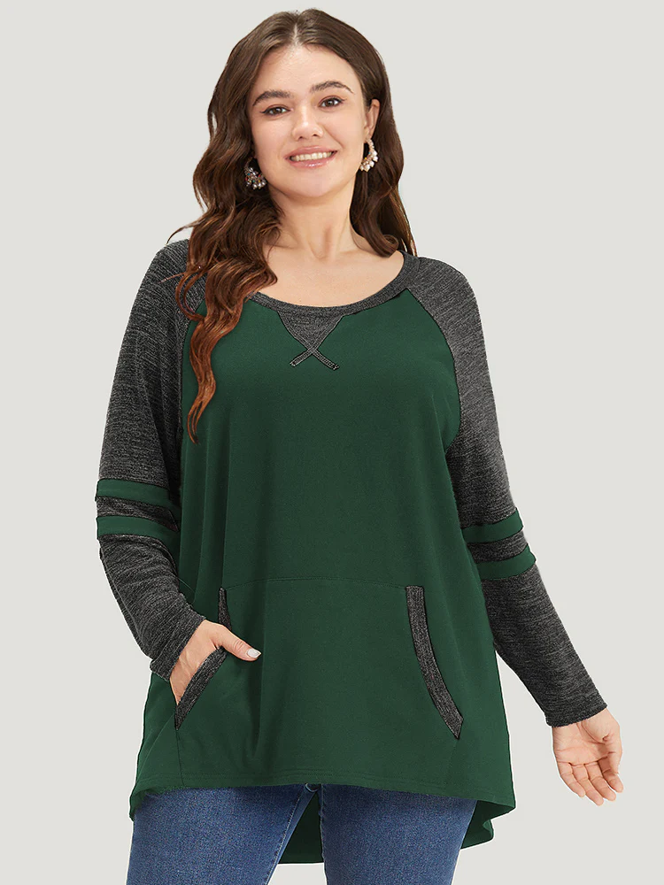 Striped Contrast Pocket Raglan Sleeve High Low Hem Sweatshirt - Image 12