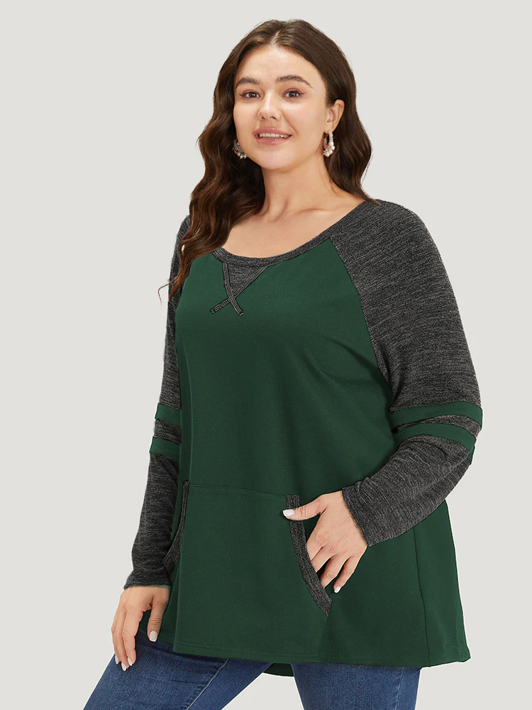 Striped Contrast Pocket Raglan Sleeve High Low Hem Sweatshirt - Image 14