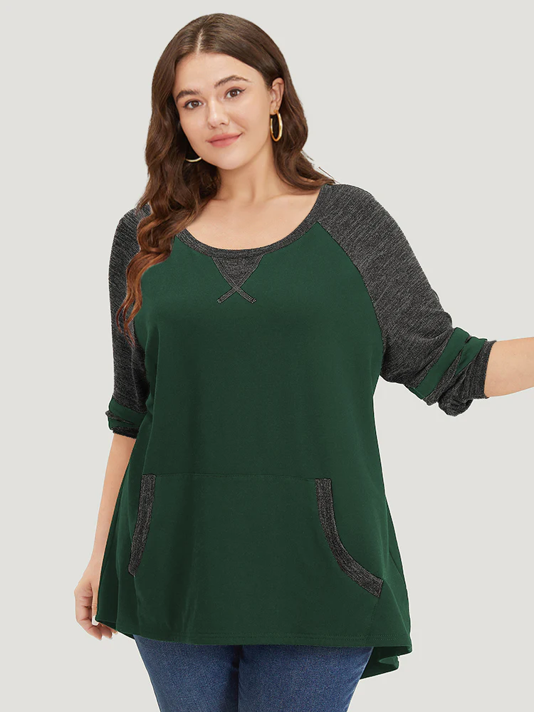 Striped Contrast Pocket Raglan Sleeve High Low Hem Sweatshirt - Image 15