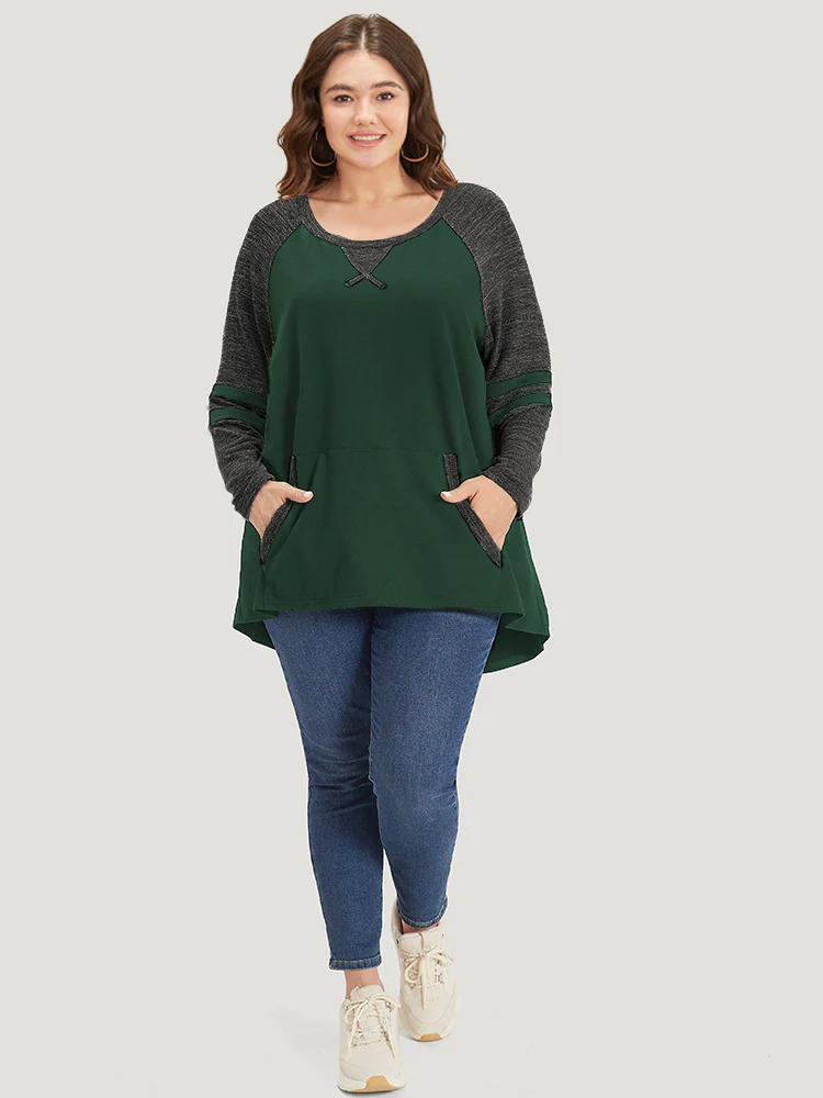 Striped Contrast Pocket Raglan Sleeve High Low Hem Sweatshirt - Image 16