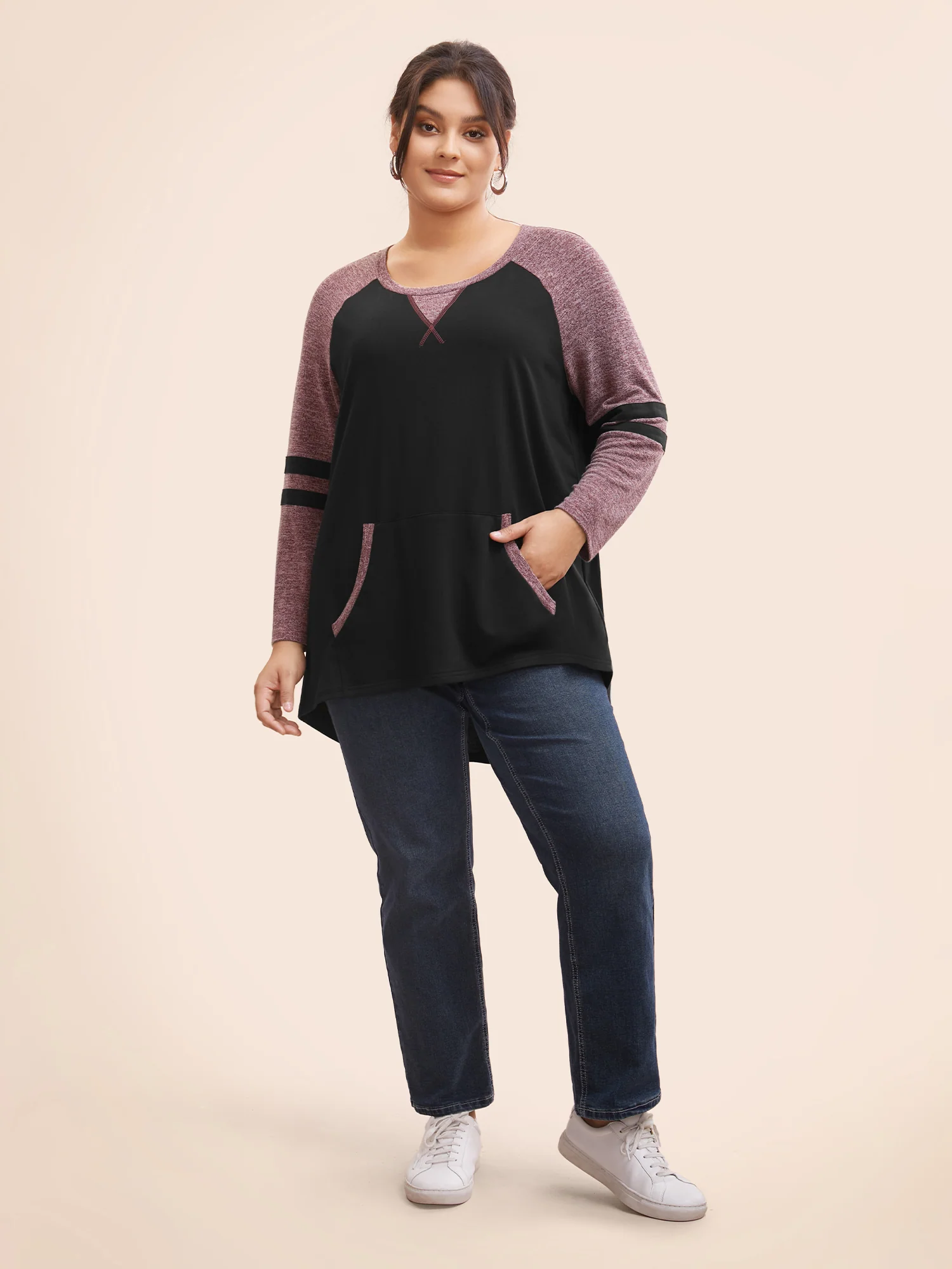 Striped Contrast Pocket Raglan Sleeve High Low Hem Sweatshirt - Image 2