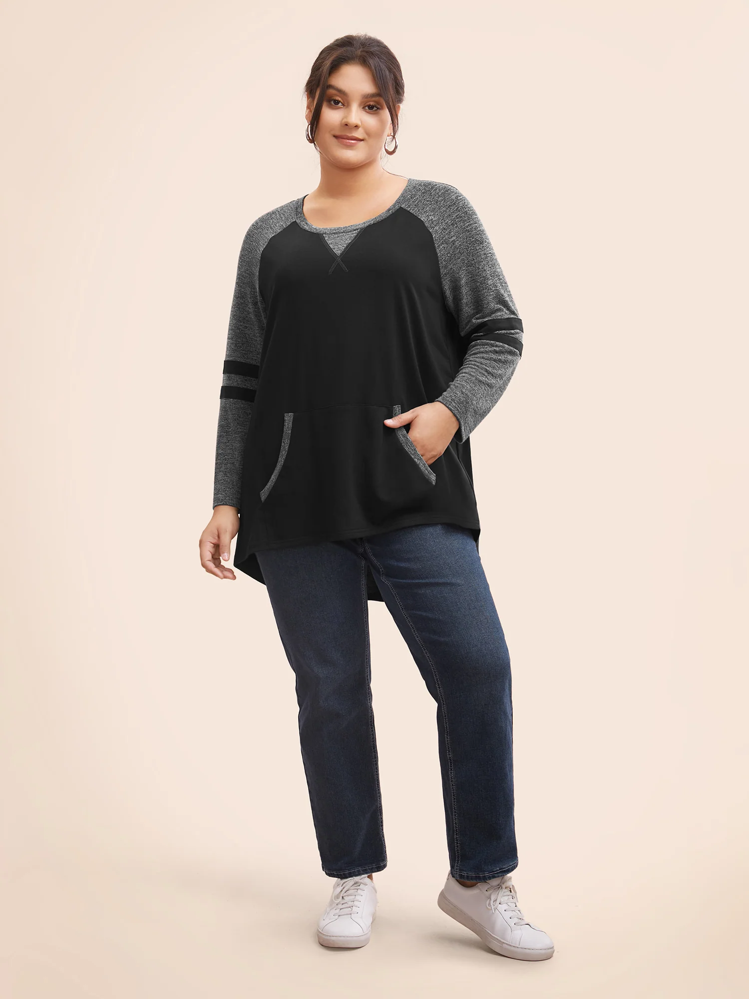 Striped Contrast Pocket Raglan Sleeve High Low Hem Sweatshirt - Image 22