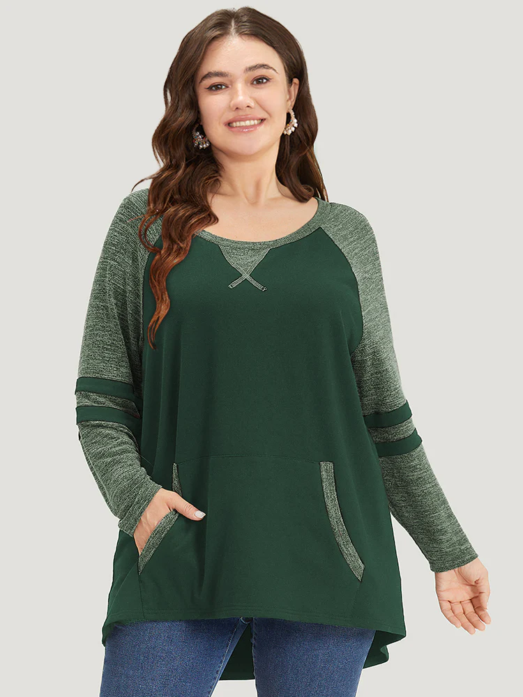 Striped Contrast Pocket Raglan Sleeve High Low Hem Sweatshirt - Image 25