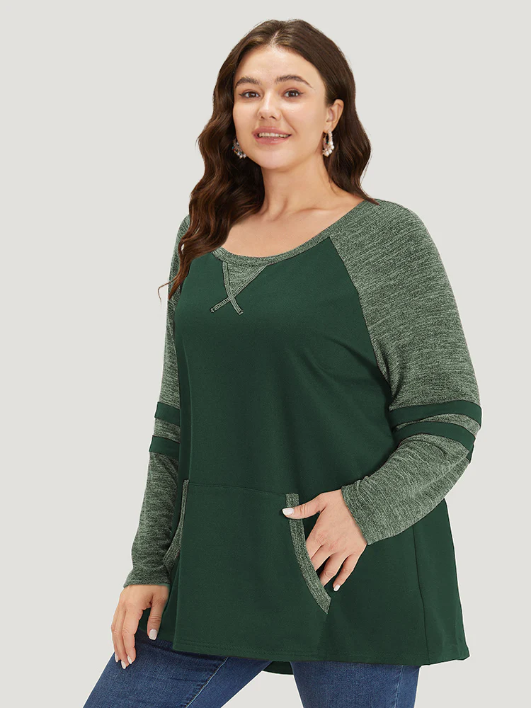 Striped Contrast Pocket Raglan Sleeve High Low Hem Sweatshirt - Image 27