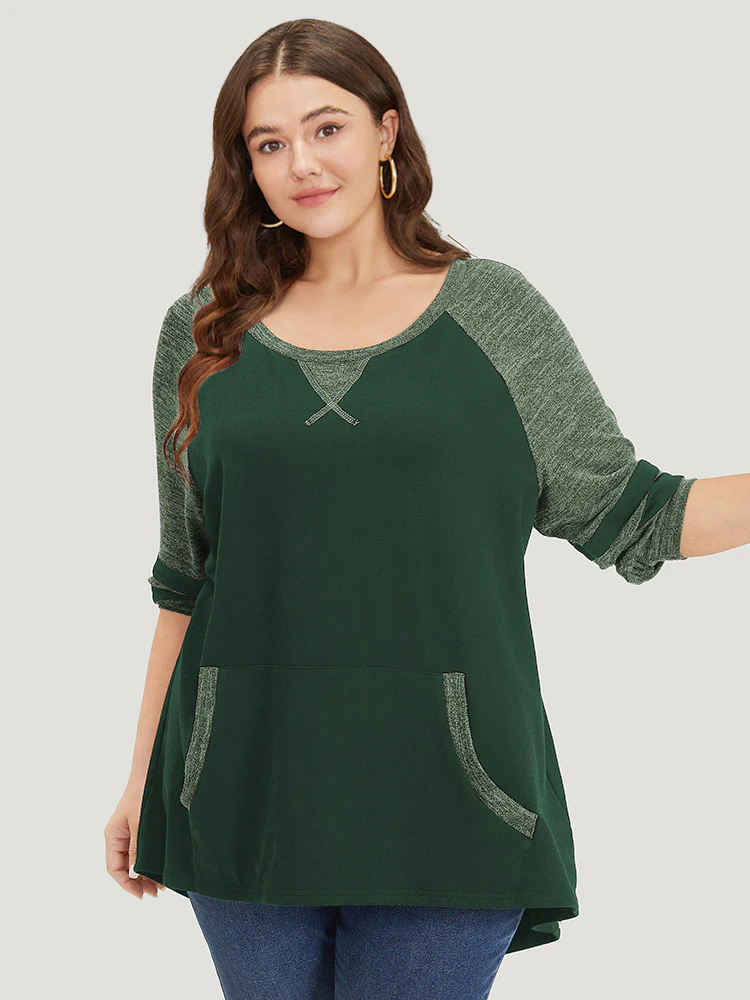 Striped Contrast Pocket Raglan Sleeve High Low Hem Sweatshirt - Image 28