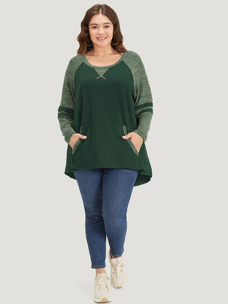 Striped Contrast Pocket Raglan Sleeve High Low Hem Sweatshirt - Image 29