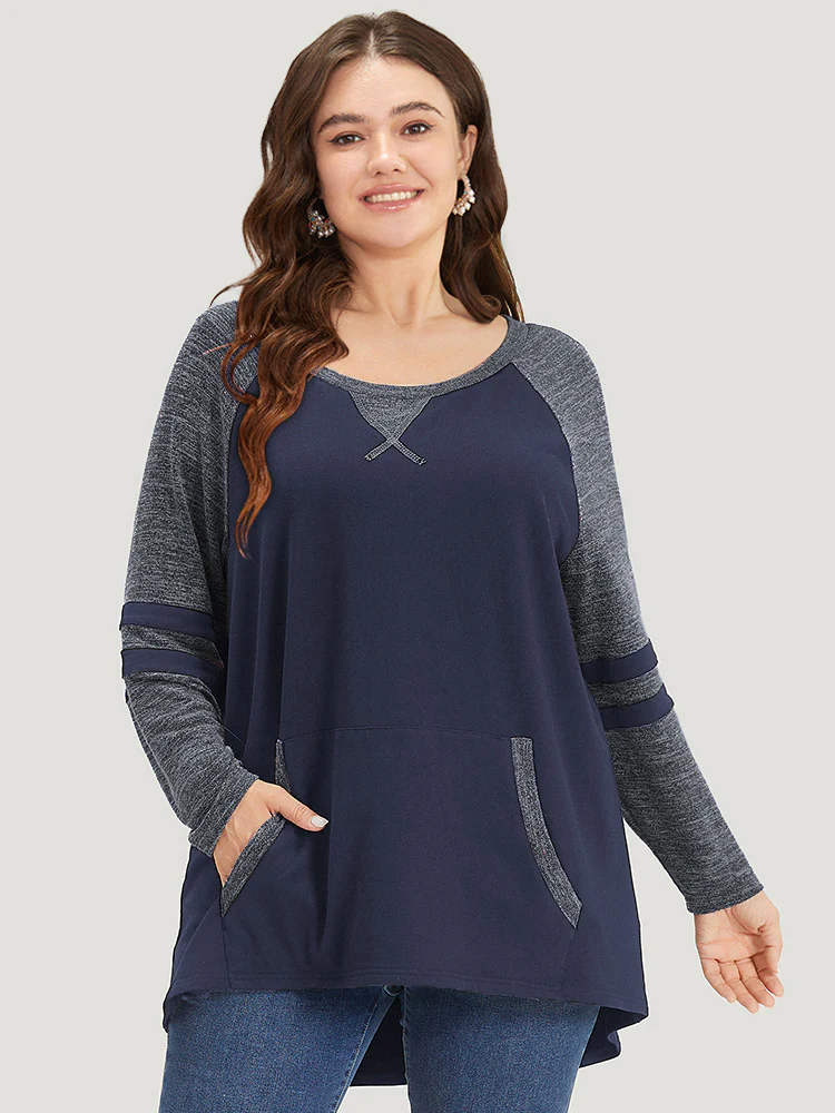 Striped Contrast Pocket Raglan Sleeve High Low Hem Sweatshirt - Image 30