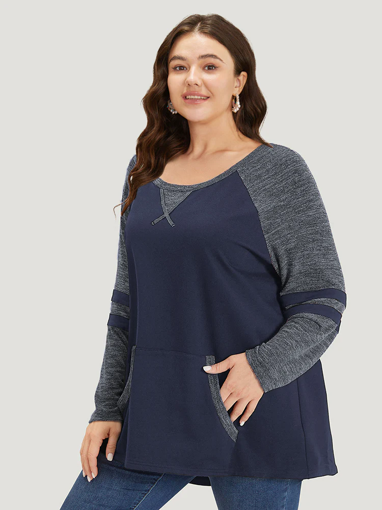 Striped Contrast Pocket Raglan Sleeve High Low Hem Sweatshirt - Image 32