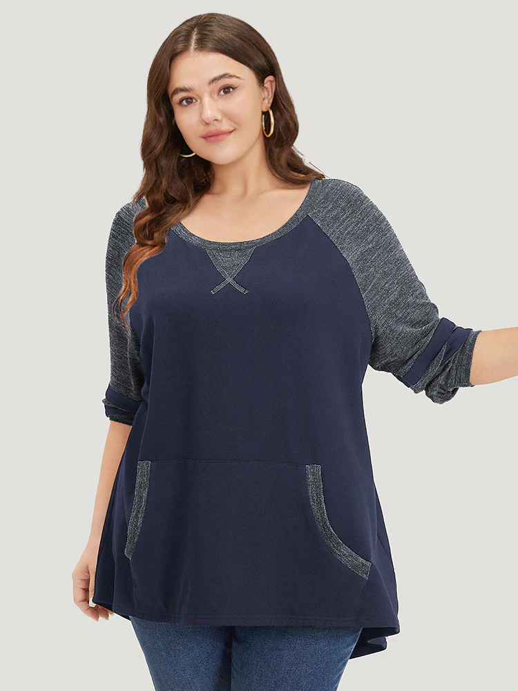 Striped Contrast Pocket Raglan Sleeve High Low Hem Sweatshirt - Image 33