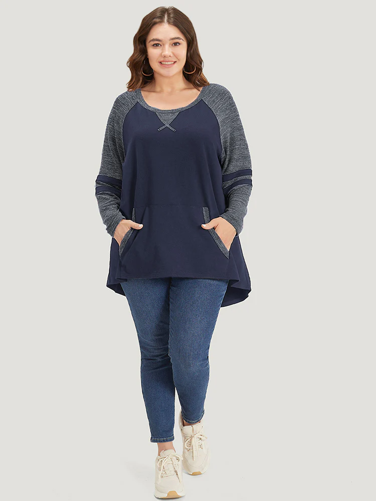 Striped Contrast Pocket Raglan Sleeve High Low Hem Sweatshirt - Image 34